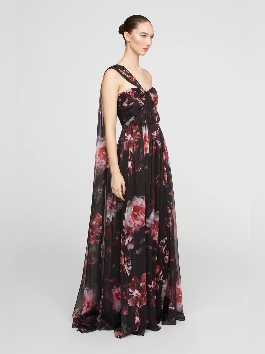Halston Lina Chiffon Black Floral One-Shoulder Draping Gown
